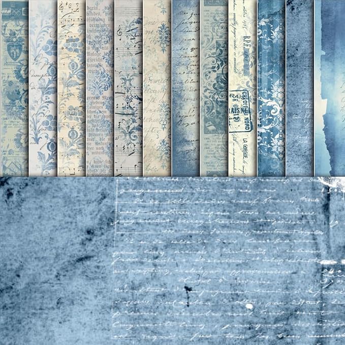 48 Sheets Vintage Blue Floral Scrapbook Paper, Retro Blue Pattern Decorative Scrapbook Paper for Junk Journals DIY Cards and Photo Albums,Aesthetic Craft Supplies for Kids and Adults