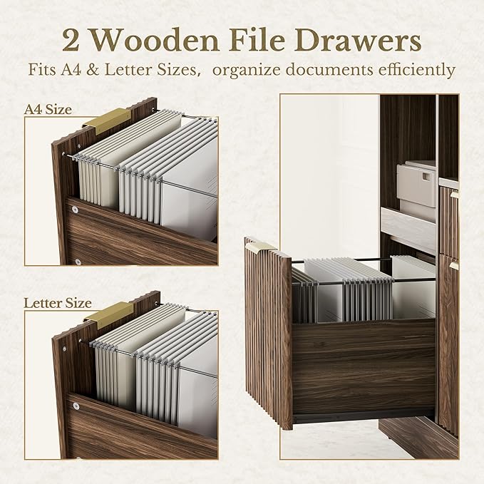 3 Drawer File Cabinet, Fluted Wood Lateral Filing Cabinet with Charging Station for Home Office, Fits for A4/Letter-Sized Files, Printer Stand with Open Storage Shelves, Black Walnut