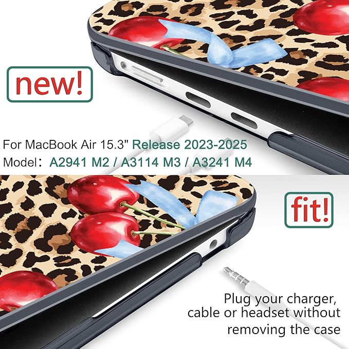 DONGKE Compatible with M4 MacBook Air 15 inch Case 2025-2023 A3241 A3114 A2941 M3 M2 Retina Display Touch ID, Plastic Hard Case & Keyboard Skin for MacBook Air 15" - Leopard Cherry