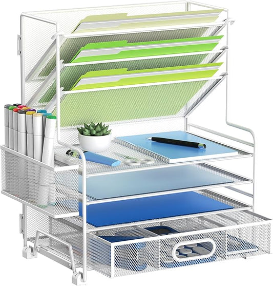4-Tier Paper Organizer + 3-Pocket File Holder + Drawer + Pen Holders, Desktop File Organizers Paper Tray for Office Supplies School Classroom Organization (White, with Drawer & Pen Holder)