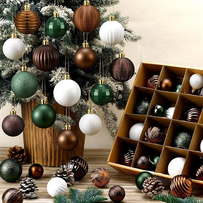 64 Pcs Neutral Christmas Ball Ornaments Brown Green White Xmas Bulbs Ornament 1.6/1.97/2.4 Inch Vintage Xmas Baubles Assorted Size Modern Christmas Decoration for Tree Holiday Indoor Home Decor