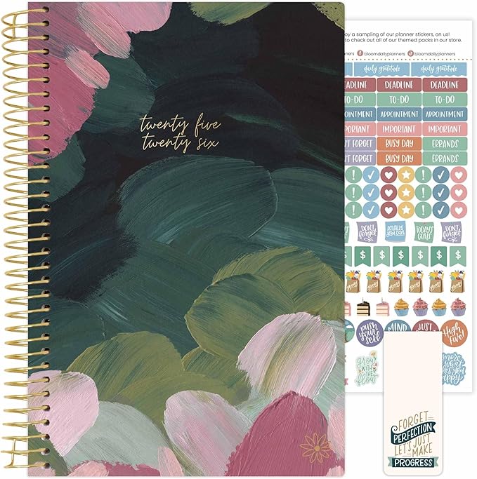 bloom daily planners 2025-2026 Academic Year Daily Planner (July 2025 - July 2026) - A5 Weekly & Monthly Calendar Agenda Organizer Book with Stickers - 5.5" x 8.25" - Emerald Paint Strokes
