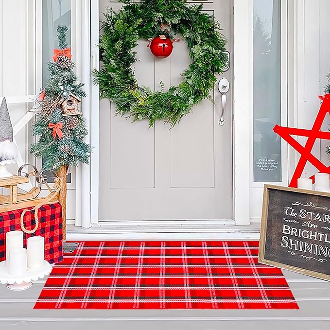 Ckorzen Red Green and White Plaid Rug, 28" x 43" Christmas Front Porch Outdoor Rug, Handwoven Cotton Washable Rug for Layered Door Mats, Holiday Entryway and Home Décor