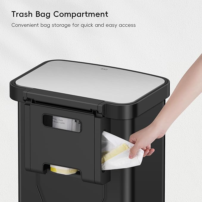 EKO Hudson Matte Stainless Steel 75 Liter/20 Gallon Large Kitchen Trash Can, Tall Step Garbage Can with Rear Bag Storage Compartment (Matte Black)