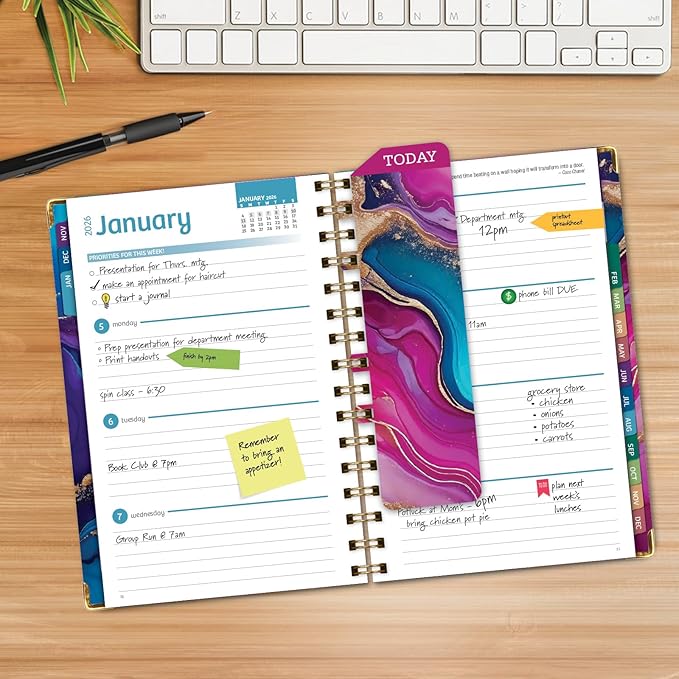 HARDCOVER 2026 Planner, 5.5"x8": 14 Months (November 2025 - December 2026), Daily Weekly Monthly Planner, Yearly Agenda, Bookmark, Pocket Folder and Sticky Note Set (Pink Purple Marble)