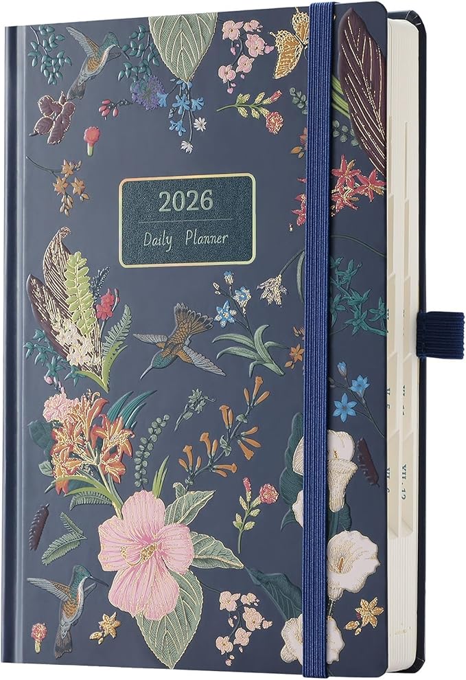 Daily Planner 2026 with One Page Per Day,(A5-8.5" x 5.9"),12 Months Calendar Hourly Appointment Book Monthly Tabs&Self-adhesive Pen Holder,Inner Pocket,3D Designed Flower Cover,Green
