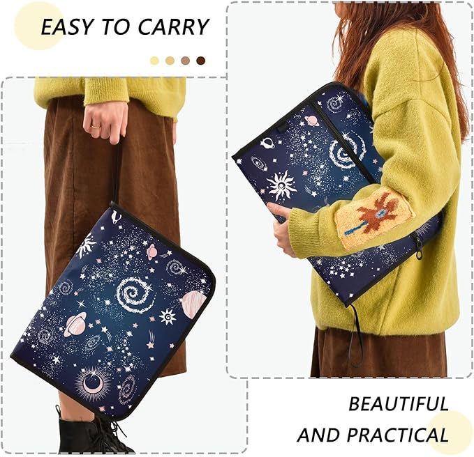 Expanding File Folder - Space Galaxy Pattern 13 Pocket Accordion File Folders with Sticky Labels, A4 Letter Size Paper Document Organizer with Zipper Closure for Office School Boys Girls