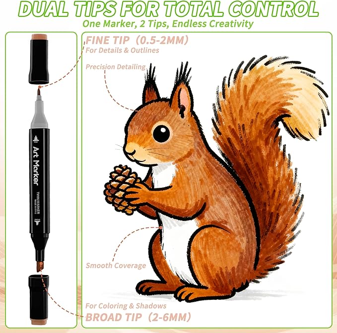 Alcohol Markers 48 Colors - Dual Tip Alcohol Based Art Markers for Kids, Students & Families - Quick Drying, Blendable Marker for School Work, Coloring Books, Drawing with Portable Storage Bag