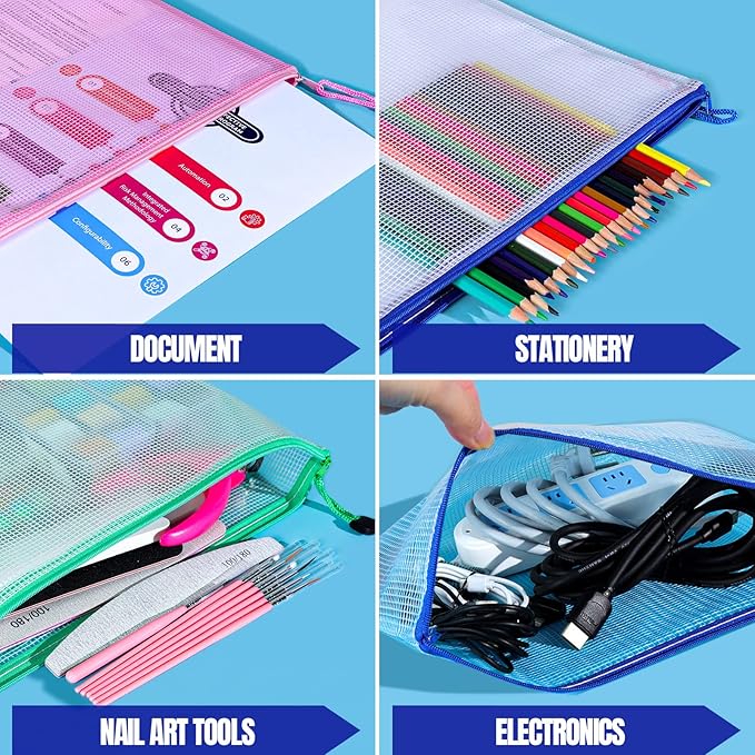 LEOBRO 20PCS Zipper Pouch, A4 Mesh Zipper Pouch Bags, Waterproof Bag, Mesh Bags for Classroom Organization, Toy Storage, School Supplies, Travel Essentials, File Jackets & File Pockets