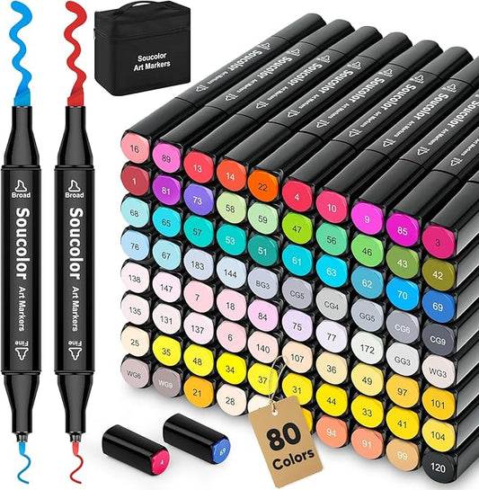 Soucolor Alcohol Markers, 80 Colors Dual Brush Tip Permanent Art Coloring Marker for Book Painting Card Making, Art Supplies Gift Box for Adults Teens Kids Boys Girls 8-12