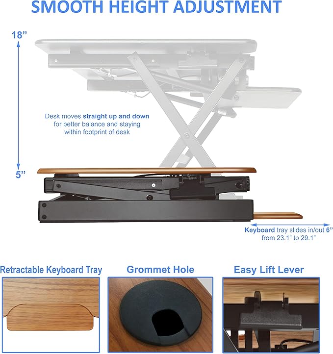 Rocelco 32" Height Adjustable Standing Desk Converter BUNDLE - Sit Stand Computer Workstation Riser with Anti Fatigue Mat - Dual Monitor Retractable Keyboard Tray - Teak Wood Grain (R EADRT-MAFM)