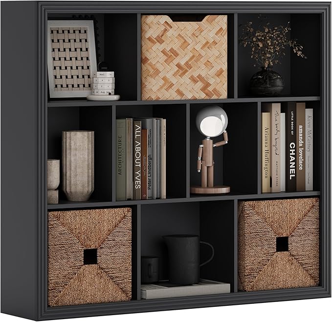 Wooden 10-Cube Storage Organizer, 3-Tier Bookshelf, Wood Black Bookshelf, Bookcase, Cubical Storage Shelf with 3 Removable Back Panels for Bedroom Home and Office