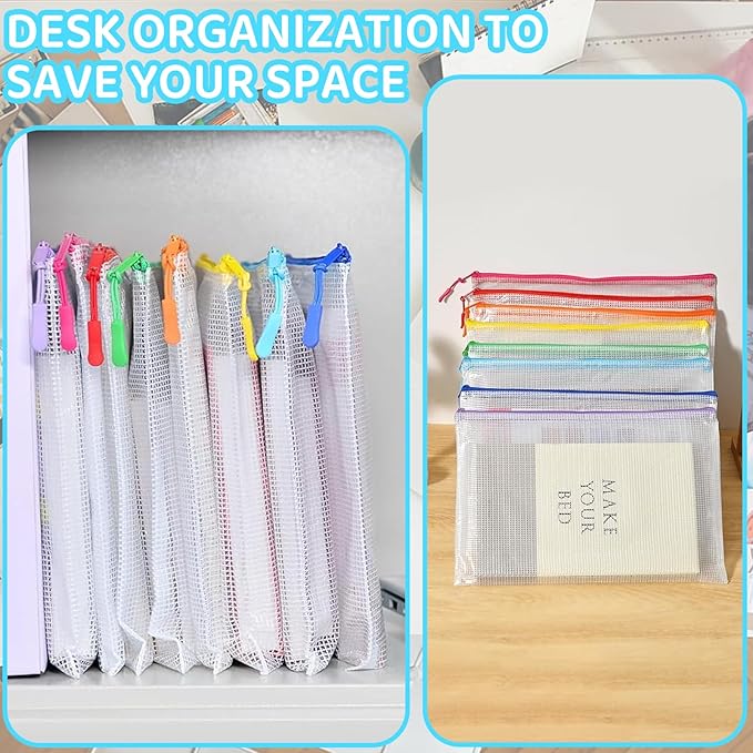 24pcs Mesh Zipper Pouch File Bags Puzzle Storage Bags, A4 13x9 Inches Large Reusable Zipper Pouches for Organizing Classroom Board Game Organization