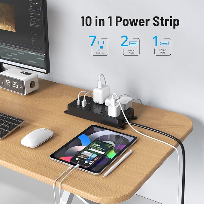 TROND Power Strip Surge Protector 10ft, ETL Listed, Flat Plug Extension Cord with 2 USB-A & 1 USB-C, Wall Mountable, 7 Widely-Spaced Outlets, 1700J, for Home Office Garage, Black