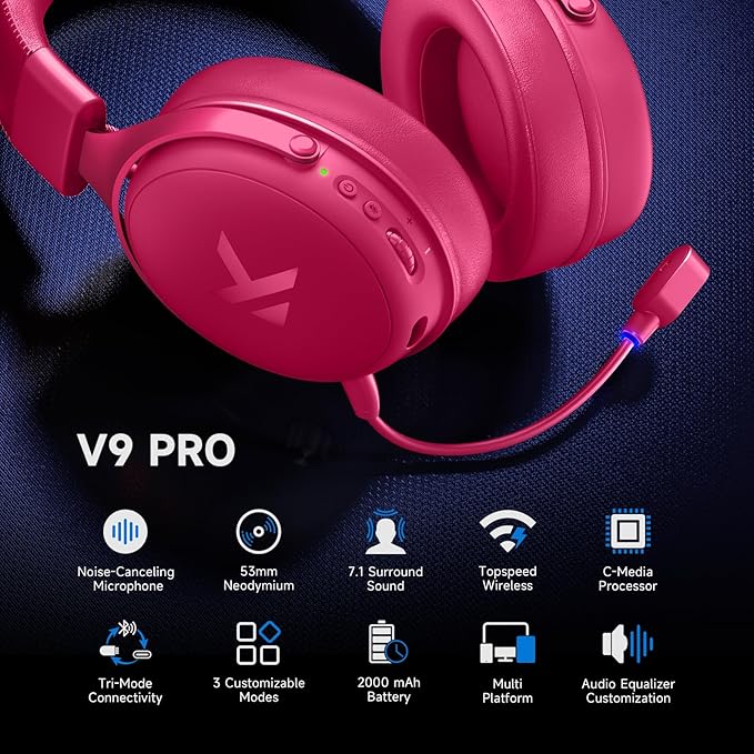 MCHOSE V9 PRO Wireless Gaming Headset 7.1 Surround Sound for PS5 PS4 PC Switch TOPSPEED Gaming Headphones, Noise Canceling Mic, 250Hr Battery, Low 15ms Latency, Lightweight, BT 5.3 FPS Games Rose&Red