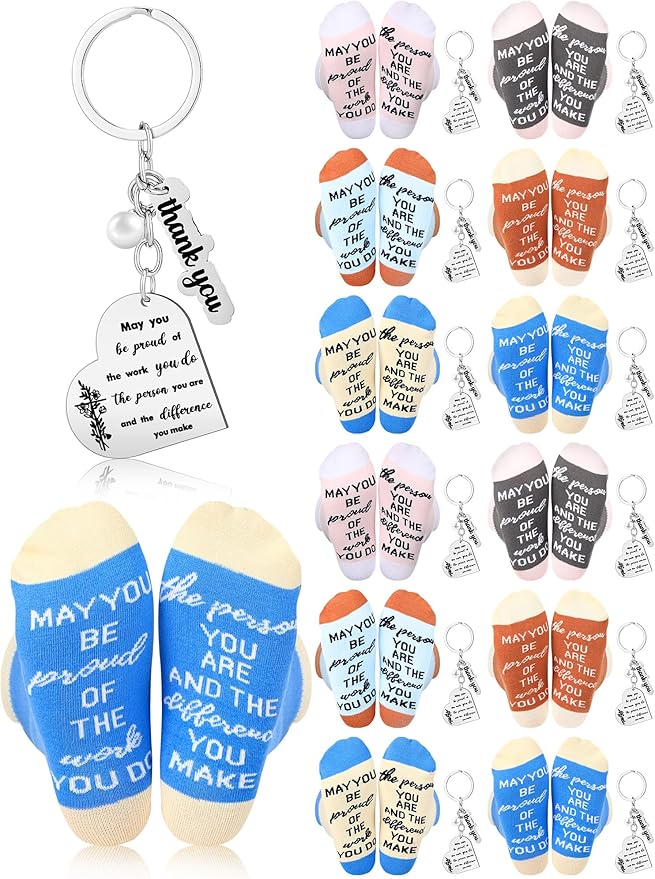 24 Pcs Employee Appreciation Gifts Thank You for All You Do Socks Stainless Steel Keychains for Staff Coworker Team