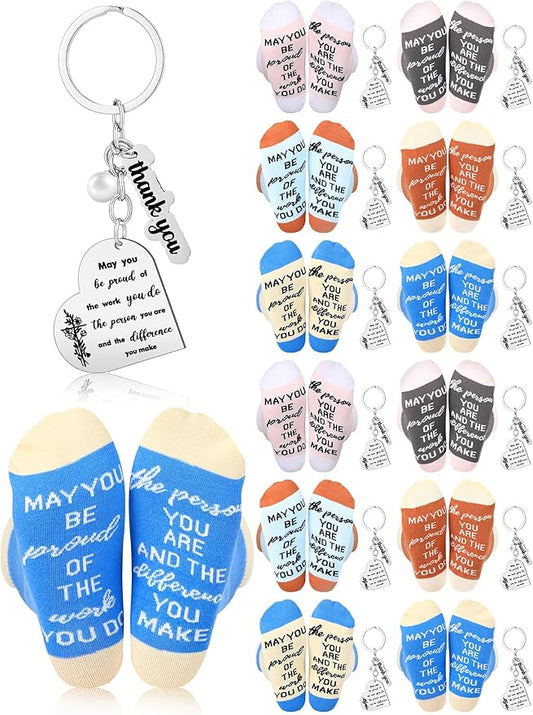 24 Pcs Employee Appreciation Gifts Thank You for All You Do Socks Stainless Steel Keychains for Staff Coworker Team