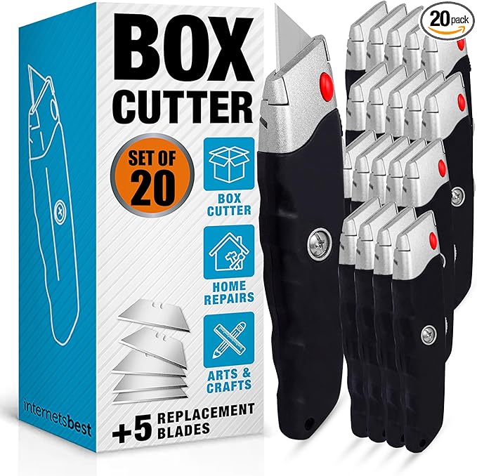 Internet's Best Premium Utility Knife - Set of 20 - Retractable Razor Knife Set – 5 Extra Blade Refills - Box Cutter Locking Razor Knife – Rubber Grip - Black