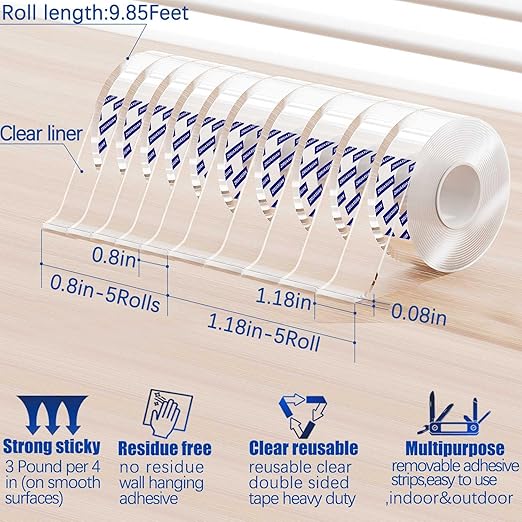 10 Rolls-9.85 FT Double Sided Mounting Tape Heavy Duty Removable,Clear Thick Nano Tape Adhesive Reusable,Wall Poster Picture Hanging Strips Putty, Sticky Tack Gel Glue for Hangers,Photo