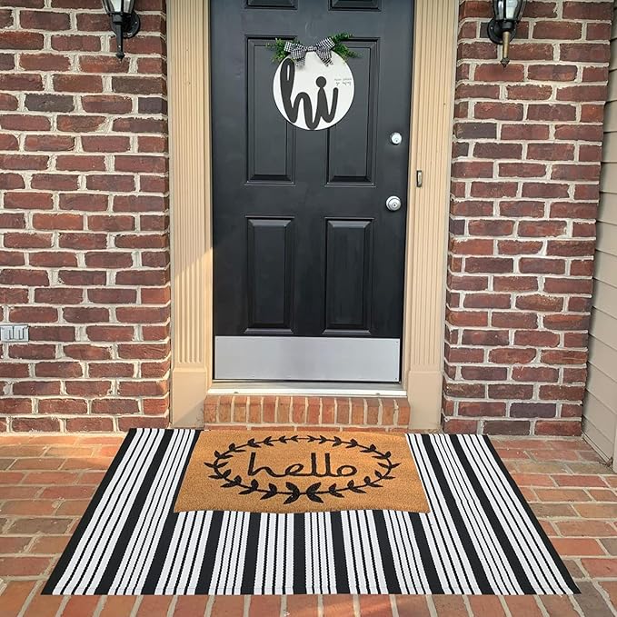 CAINANEL Black and White Striped Outdoor Rug 27.5'' x 43'' Front Door Mat Handwoven Cotton Indoor/Outdoor for Layered Door Mats,Welcome Door Mat, Front Porch,Farmhouse,Entry Way