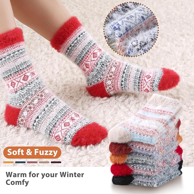 ICEIVY 5 Pair Fuzzy Cozy Socks for Women - Warm Comfy Soft Casual Home Sleep Winter Wool Socks - Gifts for Women