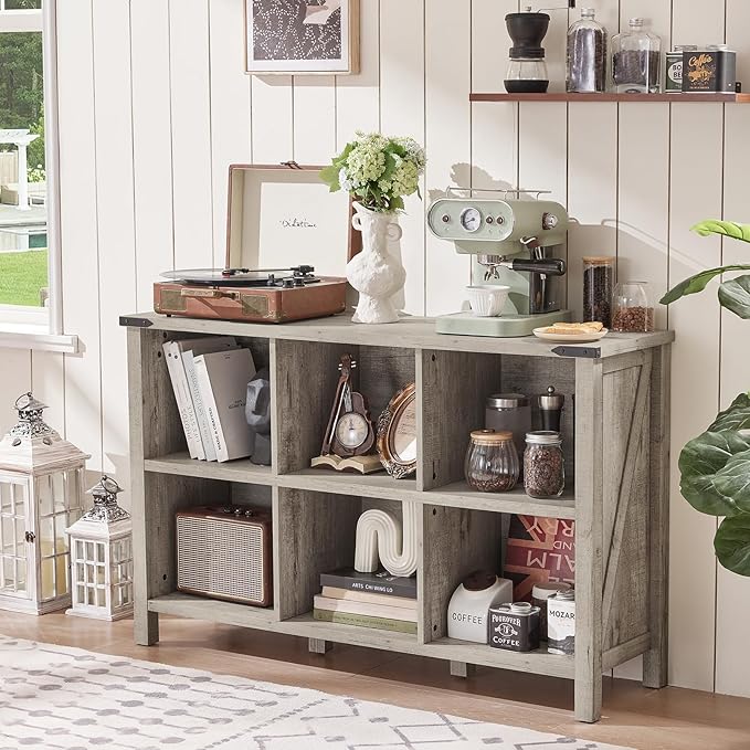 Farmhouse 6 Cube Bookshelf, Rustic Grey Oak Wooden Storage Organizer Book Shelf, 47 Inch Cubby Hallway Bookcase, Kids Toy Storage Cabinet, Modern Open Book Case for Living Room, Hallway