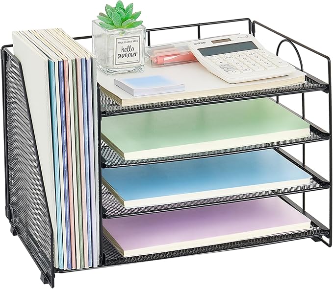 OPNICE 4-Tier Paper Organizer with Magazine Holder, Desk Organizers and Accessories, Office Desk Accessories & Workspace Organizers, Desktop File Organizer for Office Supplies Storage, Black
