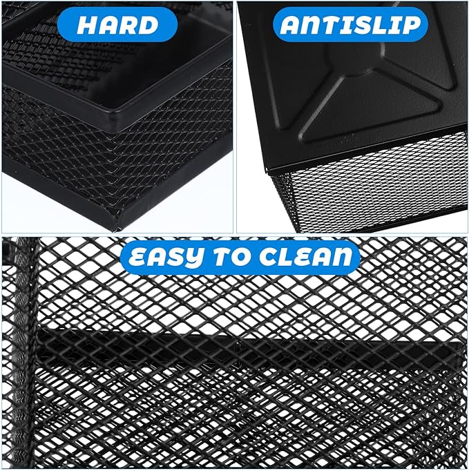 Mesh Pen Pencil Holder Note Holders Desk Organizer, 3 Compartment Wire Desktop Pen Pencil Cup Caddy Office Supplies Accessories for Home Office School, Black(4 Pack)