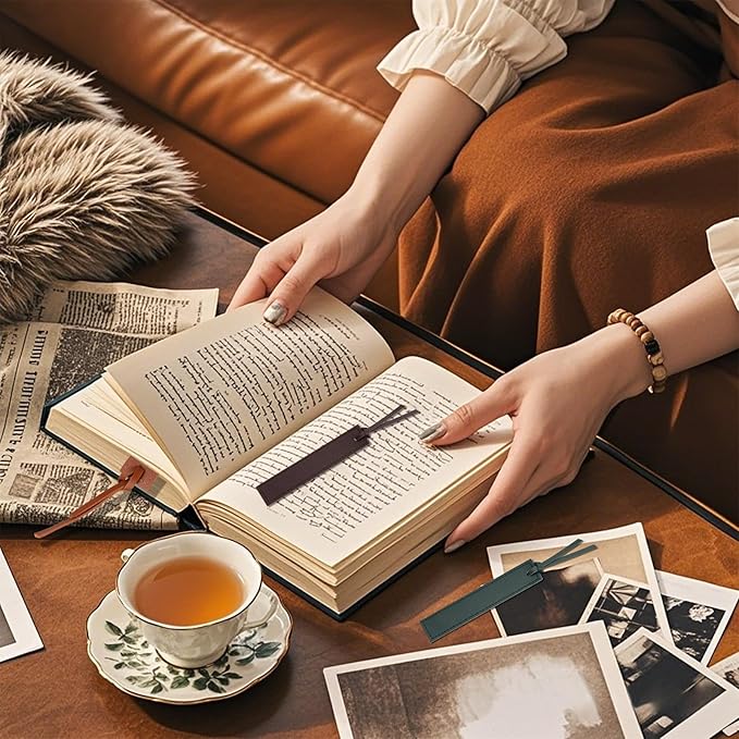 4 Pcs Leather Bookmark, Classic Stitched Bookmark with Leather Rope, Bookmarks for Men, Handmade Stitched Book Marks Page Markers for Book Reader Teachers Students School Office