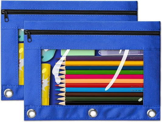 V-Opitos Pencil Pouch for 3 Ring Binder, 2 Pack Blue 3-Holes Zipper Pencil Pouches, Sturdy and Durable Cloth Pencil Case with Clear Window for Office School College Supplies