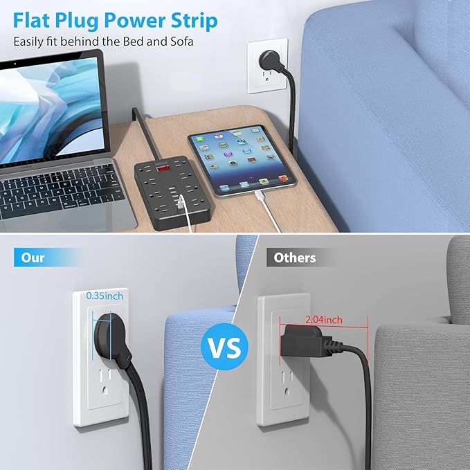 10 Ft Extension Cord Surge Protector, SMNICE 8 Widely Spaced Outlets and 6 USB (1 USB C) Charging Ports Flat Plug Power Strip, Desktop Power Cord for Travel Home Office Accessories Black