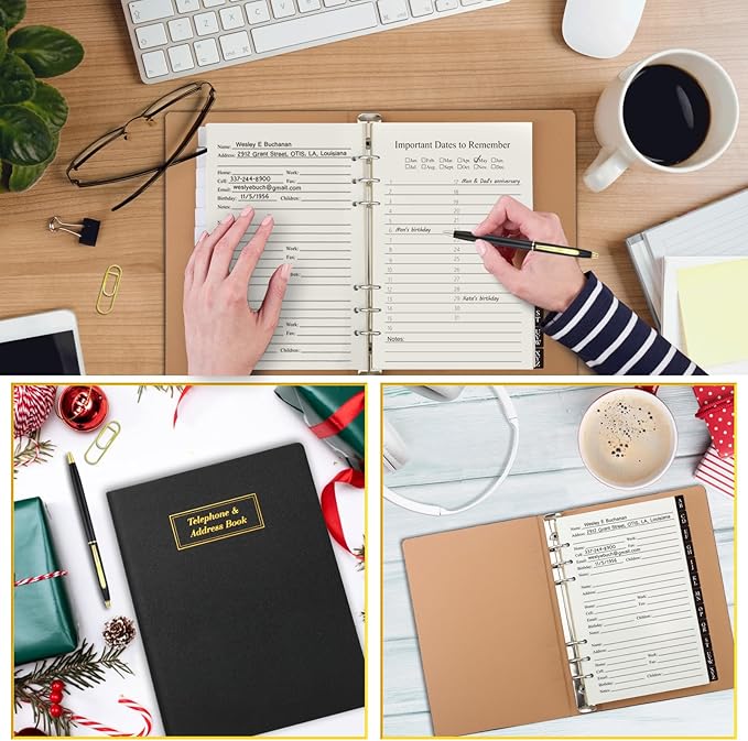 Refillable Address Book with Alphabetical Tabs, w/Pockets, 648 Large Print Telephone Birthday Email PU Leather Hardcover Durable for Women Men Seniors Home Office, 236Pages, A5, Black