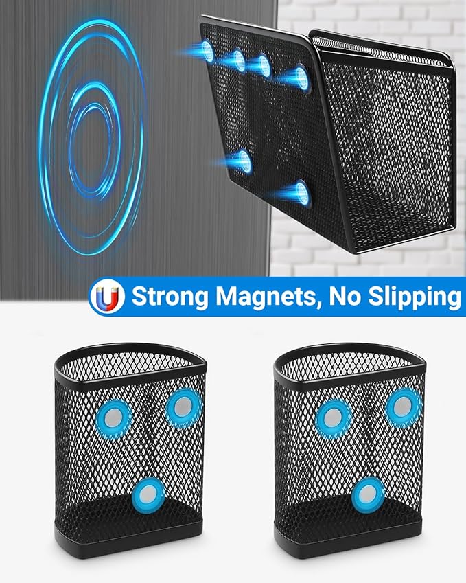Magnetic Pen Holder, Metal Strong Magnet Pen Cup Magnetic Marker Storage Basket Locker Organizer for Whiteboard Refrigerator Fridge Locker Accessories Classroom Must Haves Teachers School Supplies