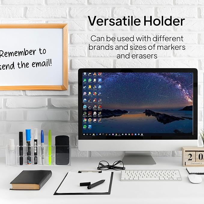 Slim Magnetic Dry Erase Marker Holder for Whiteboard, Space Saving Pen Organizer with Glass and Wall Mount Accessories for Fridge, Office, and School. Markers, Eraser, Cleaner Not Included (Clear)