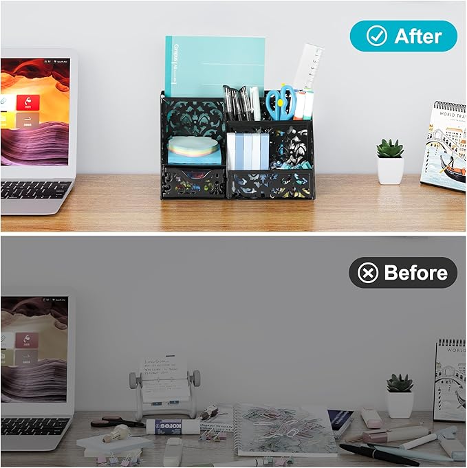 EasyPAG Pen Holder Desk Organizer with Drawer Pencil Cup for Desk 6 Compartments Metal Office Caddy Storage with Sticky Notes Holder for School Home Office, Black