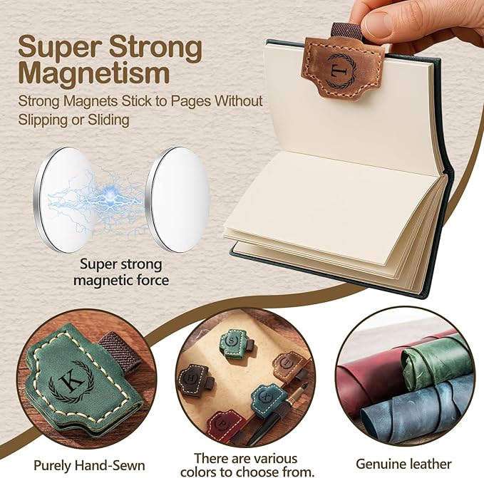 Personalized Magnetic Leather Bookmark with Pen Holder - 26 Letters Custom Book Mark with Name Initial Engraved Book Marker for Readers, Book Lovers, Travelers - Gift for Women & Men(Light Brown，B
