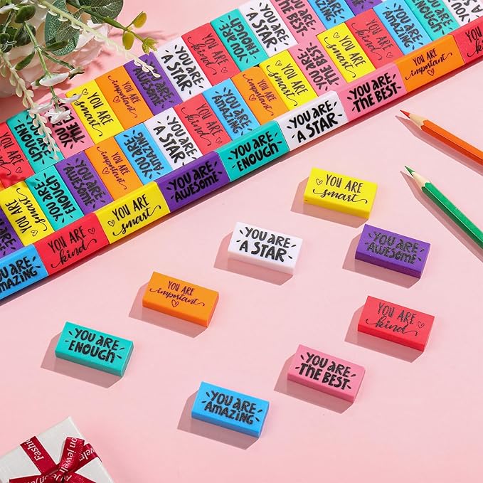 PerKoop 50 Pcs Inspirational Erasers Bulk Back to School Gifts Colorful Motivational Pencil Erasers for Kids First Day of School Favors for Students Teachers Classroom Office Supplies