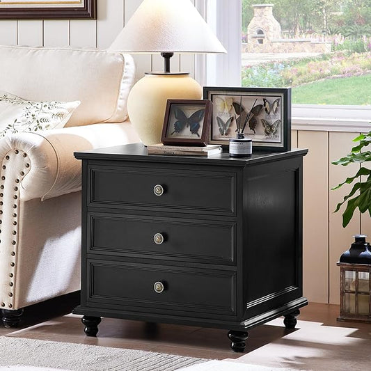 24" Wide Farmhouse Night Stand,Large End Table with 3 Drawers & Metal Handle,Black Wood Dresser for Bedroom Cabinet, Bed Side Tabl·e Chest of Drawers,Nightstand for Living Room,Close