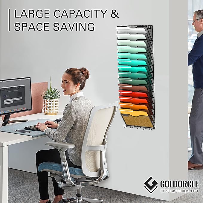 10-Tier Hanging Wall File Organizer Wall Mounted File Holder Document Wall Organizer for Office Organization and School Storage (No Assembly Required) (15 Tier Black)
