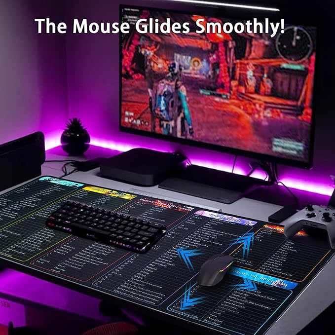 Thick Large Gaming Mouse Pad, XXL Gaming Mousepad Gamer Gifts for men, PC Game Keyboard Controls Quick Keys Shortcuts Commands Desk Mat,Gaming Room Desk Accessories for Boys,35.4*15.7 Inch