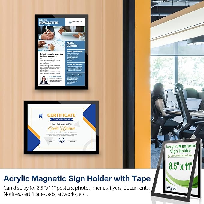 8.5" x 11" Acrylic Sign Holder Wall Mount, Self-Adhesive Magnetic Display Frame with Nano Tape and Strong Magnetic Border for Wall, Door, Glass, Home, Store, Office (Black, 3Pack)