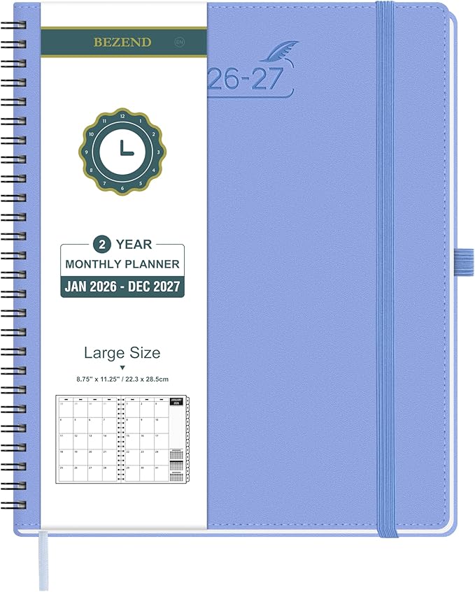 BEZEND Monthly Planner 2026-2027 (Spiral-8.5" x 11") 2 Year Calendar Book with Note Pages - Jan 26 to Dec 27-120 GSM Paper, Inner Pockets, Laminated Tabs, Vegan Leather Softcover - Cornflower