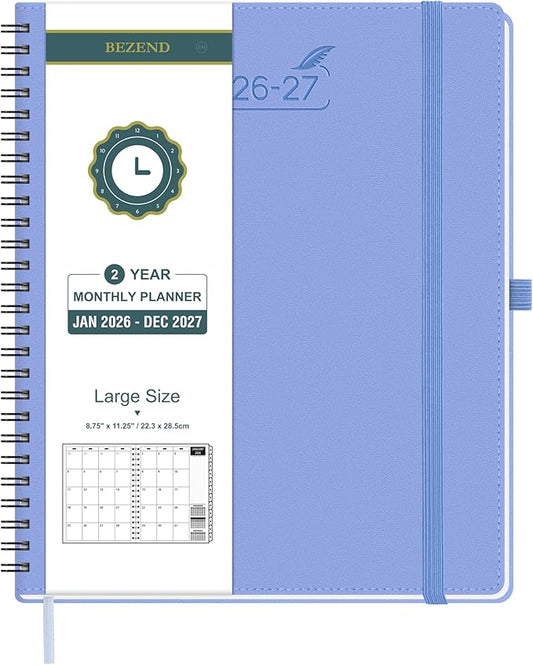 BEZEND Monthly Planner 2026-2027 (Spiral-8.5" x 11") 2 Year Calendar Book with Note Pages - Jan 26 to Dec 27-120 GSM Paper, Inner Pockets, Laminated Tabs, Vegan Leather Softcover - Cornflower