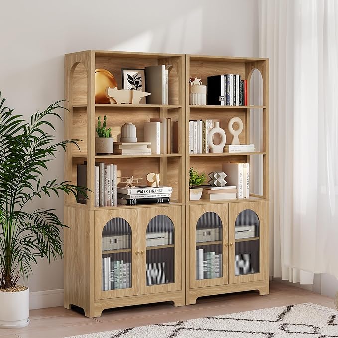 RARZOE Set of 2 Bookshelves and Bookcases, 5-Tier Arched Bookshelf with Glass Doors, Floor Standing 5 Shelf Book case, Wood Display Cabinet Storage Organizer for Living Room, Bedroom, Office(Natural)
