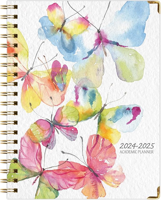 HARDCOVER Academic Year 2024-2025 Planner: (June 2024 Through July 2025) 8.5"x11" Daily Weekly Monthly Planner Yearly Agenda. Bookmark, Pocket Folder and Sticky Note Set (Watercolor Butterflies)