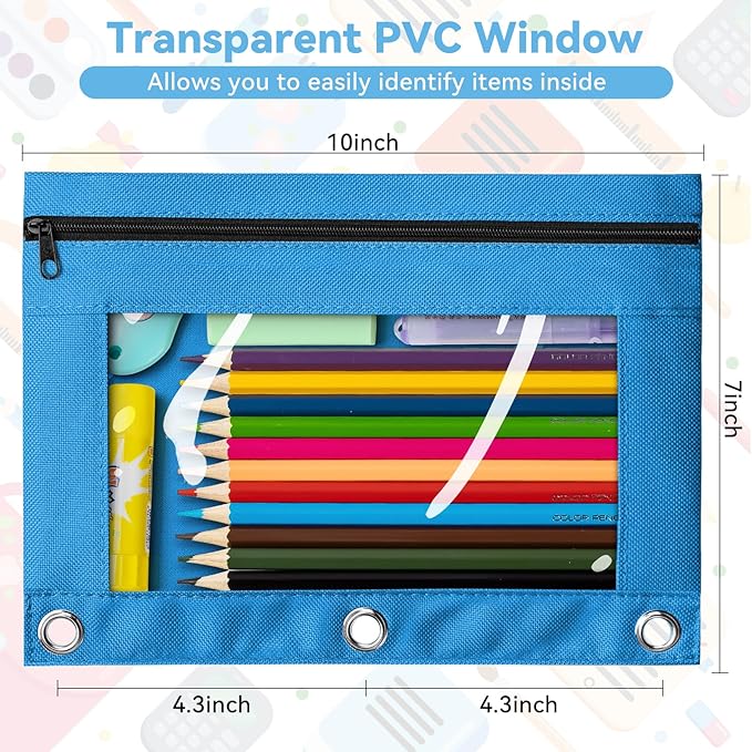 V-Opitos Pencil Pouch for 3 Ring Binder, Bulk 102 Pack 3-Holes Zipper Pencil Pouches in Assorted Colors, Sturdy and Durable Cloth Pencil Holder with Clear Window for Office School College Supplies