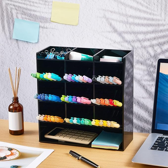 Acrylic Pen Organizer Storage for 150 Markers Vertical Marker Organizer Acrylic Pen Display Holder for Office Desk Desktop Stationery Pencil Storage, Black, 10.2 x 4 x 9.8 Inch