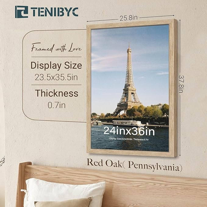 24x36 Oak Wood Frame for Poster - 3 Pack, Natural Solid Wood Picture Frame, Wall Gallery Frame