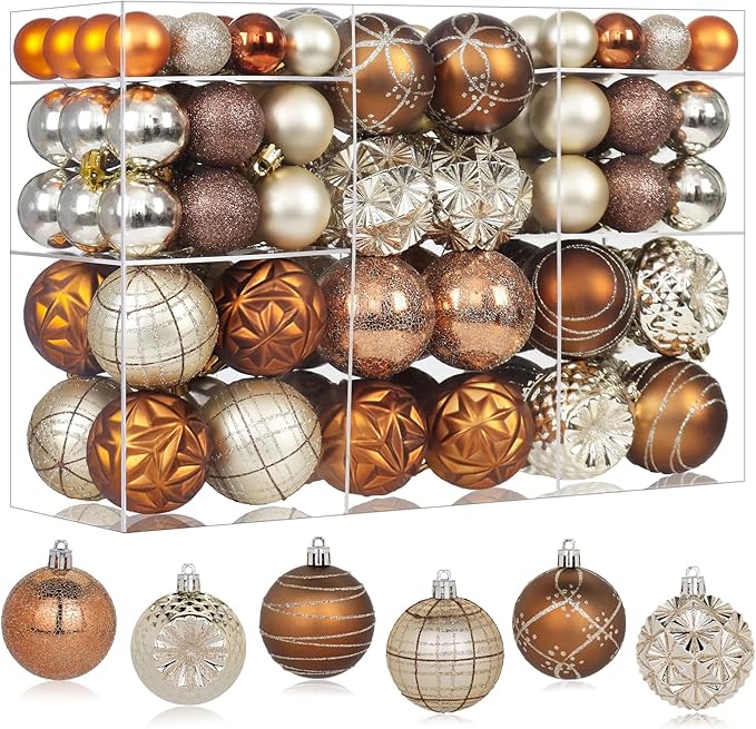 100ct Brown and Gold Christmas Ornaments Set, Shatterproof Fall Thanksgiving Tree Decorations Elegant Champagne Plastic Assortment Xmas Ball Ornaments for Holiday Decor (Brown & Gold)