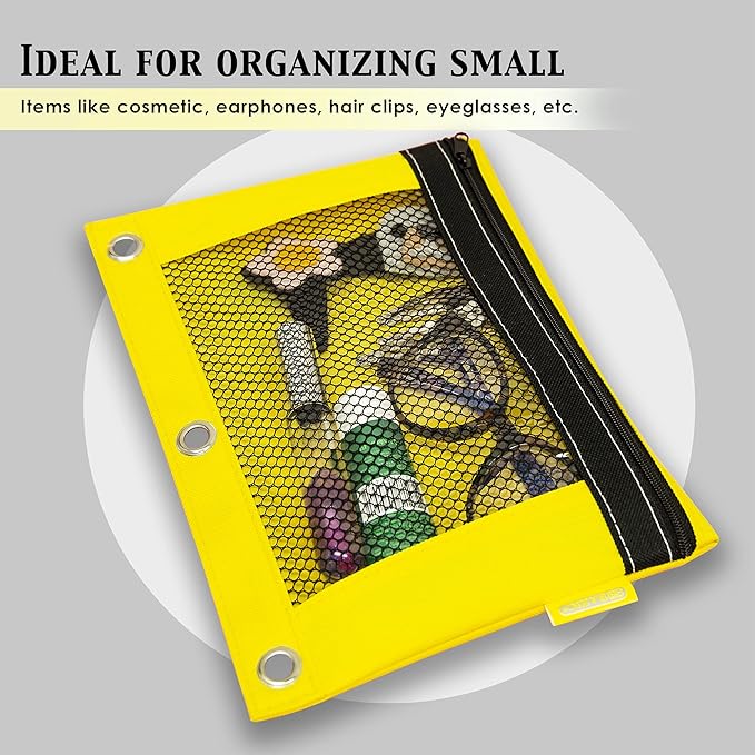 BAZIC Pencil Pouch 3 Ring Binder Pouch w/Rivet Enforced Rings Holes, Mesh Window, Bright Assorted Color Zipper Pouches Case, 6-Pack